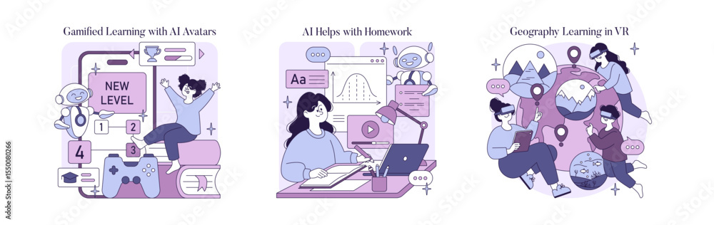 Fototapeta premium Gamified Learning and AI Homework Assistance Vector Set