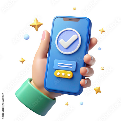 3d Hand holding smartphone with check mark and stars isolated on transparent background