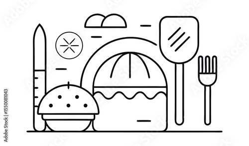 Simple line art illustration of burger juicer spatula fork and knife