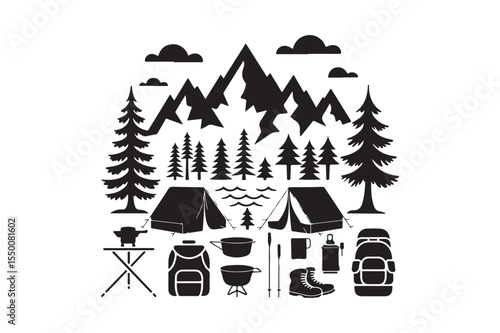 Camping Adventure Icon Set Mountains, Tents, Gear, and Nature Elements