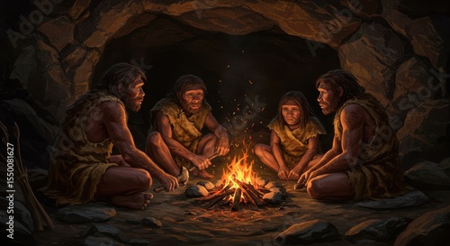 Prehistoric Cave Dwellers Gathered Around a Fire for Warmth and Community in the Stone Age