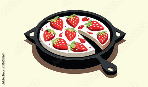 Delicious strawberry tart in a cast iron skillet with a slice missing