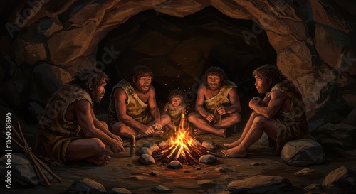 Prehistoric Cave Dwellers Gathered Around a Fire for Warmth and Community in the Stone Age