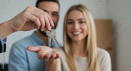 Happy Young Couple Receiving Keys to Their New Home from a Real Estate Agent, Marking a Homeownership Milestone