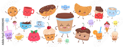 Vector illustration of cute drink and dessert characters with happy faces. Cartoon kawaii food set, isolated illustration.
