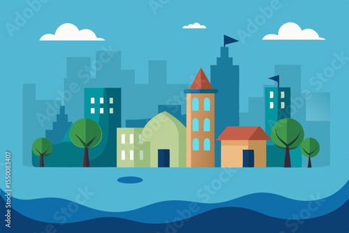 Submerged Coastal City with Flooded Buildings Vector