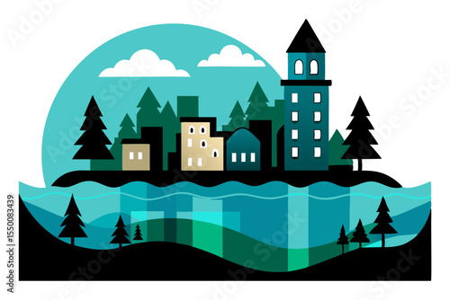 Flooded Cityscape with Trees and Buildings Underwater