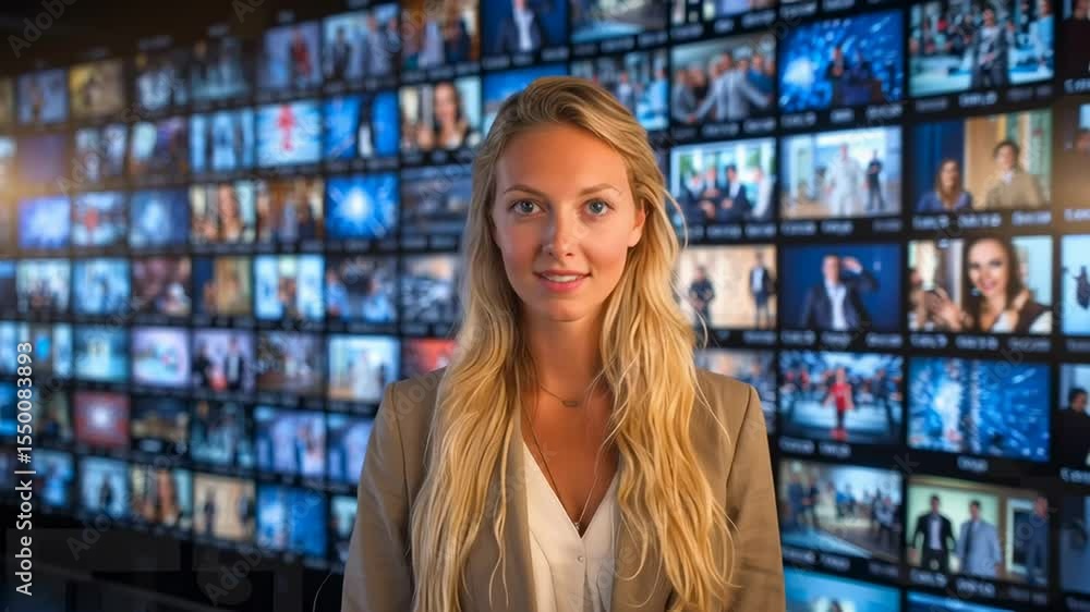 A confident woman stands in front of a large video wall displaying multiple screens with diverse media content in a modern, high-tech setting. A confident woman stands in front of a large video wall displaying multiple screens with diverse media content in a modern, high-tech setting.