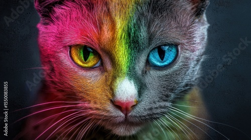 Colorful cat portrait showcasing vibrant hues and striking eyes in a close-up view