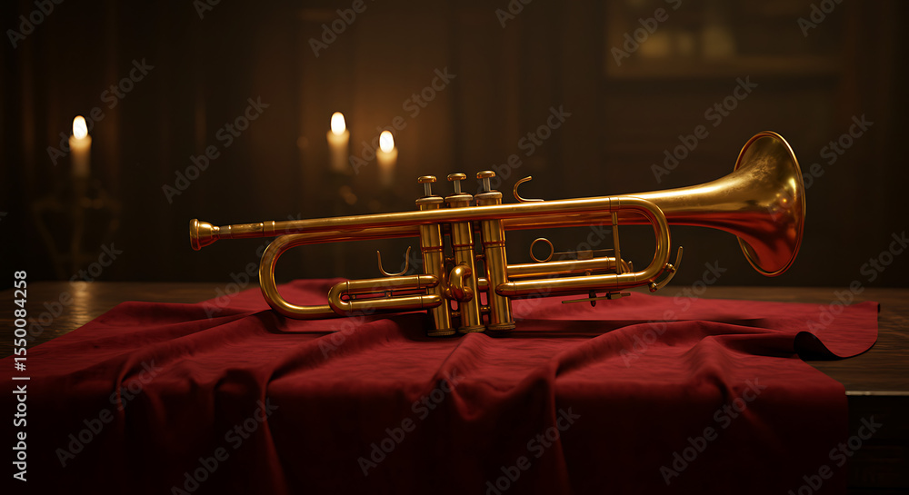 Obraz premium A trumpet placed on a velvet cloth in a dimly lit room, with reflections of candlelight on its surface.
