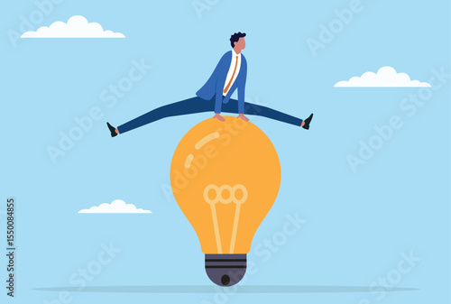 Vector illustration of a businessman jumping over a light bulb, representing missed ideas, avoiding innovation, or bypassing creative opportunities in the business world
