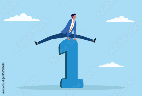 Vector illustration of a businessman jumping over the 1st place, symbolizing surpassing current leaders, breaking barriers, and striving for greater achievements beyond the top spot
