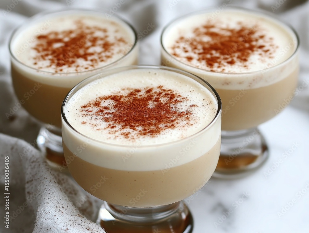 Three glasses of eggnog with cinnamon powder topping, close up view. For Christmas and other holiday-themed content, blogs, cards, ads. Three glasses of eggnog with cinnamon powder topping, close up view. For Christmas and other holiday-themed content, blogs, cards, ads.