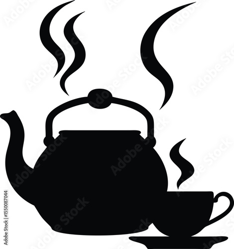 Charming old fashioned tea kettle with a steaming teacup presented isolated on white background