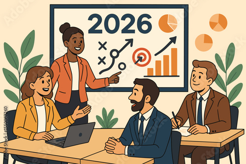 Business team brainstorming the 2026 strategic plan. Diverse colleagues in a meeting setting annual goals and future direction. Corporate presentation with charts and target.