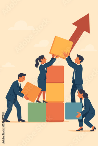 Teamwork and collaboration concept. Business team working together, building from blocks to create an upward arrow. Partnership and collective effort for success and growth.