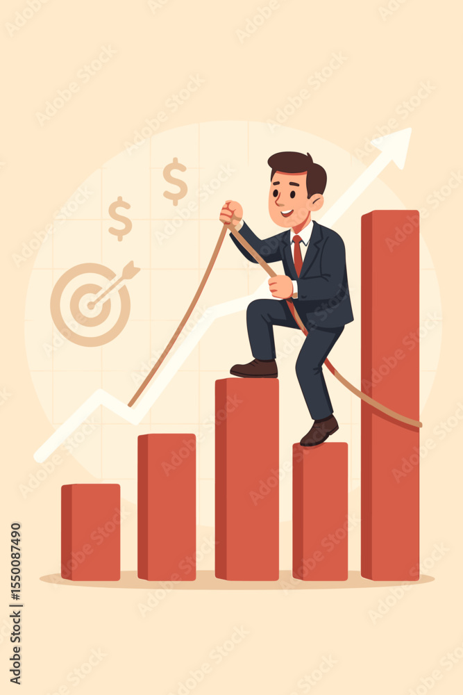 Determined businessman climbing financial growth bar graph with rope, symbolizing investment targets and successful business strategy. Entrepreneur reaching monetary goals. Determined businessman climbing financial growth bar graph with rope, symbolizing investment targets and successful business strategy. Entrepreneur reaching monetary goals.