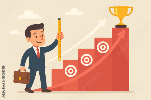 Businessman measuring the path to success on a growth chart. Man with ruler assessing steps with targets to reach a trophy. Concept of career goals, progress, and achievement.