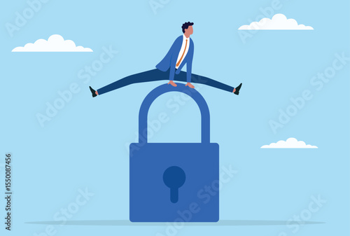 Vector illustration of a businessman jumping over a giant lock, symbolizing overcoming security barriers, bypassing restrictions, and unlocking new paths to success
