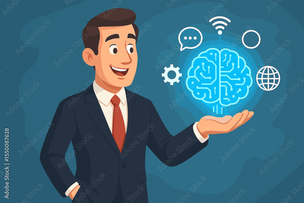 Cartoon businessman presenting a glowing digital brain with icons. Concept of artificial intelligence, machine learning, business innovation, communication, and global strategy. Cartoon businessman presenting a glowing digital brain with icons. Concept of artificial intelligence, machine learning, business innovation, communication, and global strategy.