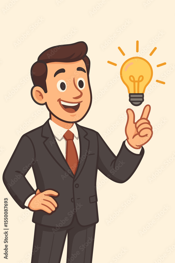 Businessman in suit presenting creative idea with glowing lightbulb. Cartoon vector illustration of professional offering innovation, business solution, leadership, and success concepts. Businessman in suit presenting creative idea with glowing lightbulb. Cartoon vector illustration of professional offering innovation, business solution, leadership, and success concepts.
