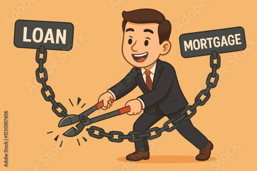 Financial freedom concept. Businessman cutting heavy chain with bolt cutters. Breaking free from loan and mortgage debt. Debt relief, payment reduction and management solution.