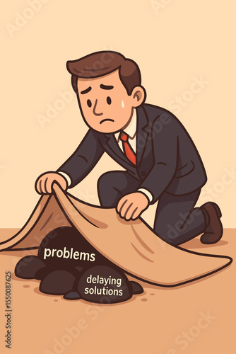 Businessman Hiding Problems Under Rug Delaying Solutions. Cartoon Metaphor Avoiding Issues, Procrastination, Denial, Ignoring Responsibilities, Workplace Management Concept Vector Illustration