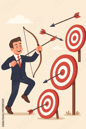 Businessman hitting targets with bow and arrow. Business targeting and success concept. Goal achievement, strategy, and focus metaphor. Archer aiming for bullseye. Vector cartoon.