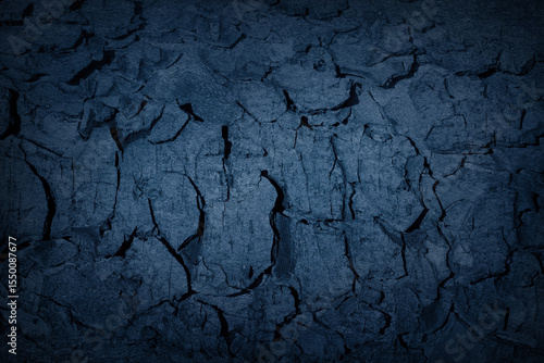 Texture of blue tree bark, trunk, coal, stone background. Dark wallpaper with rough cracked texture. Empty grunge wall concept, floor backdrop. Abstract surface mockup. Top view, close up, copy space