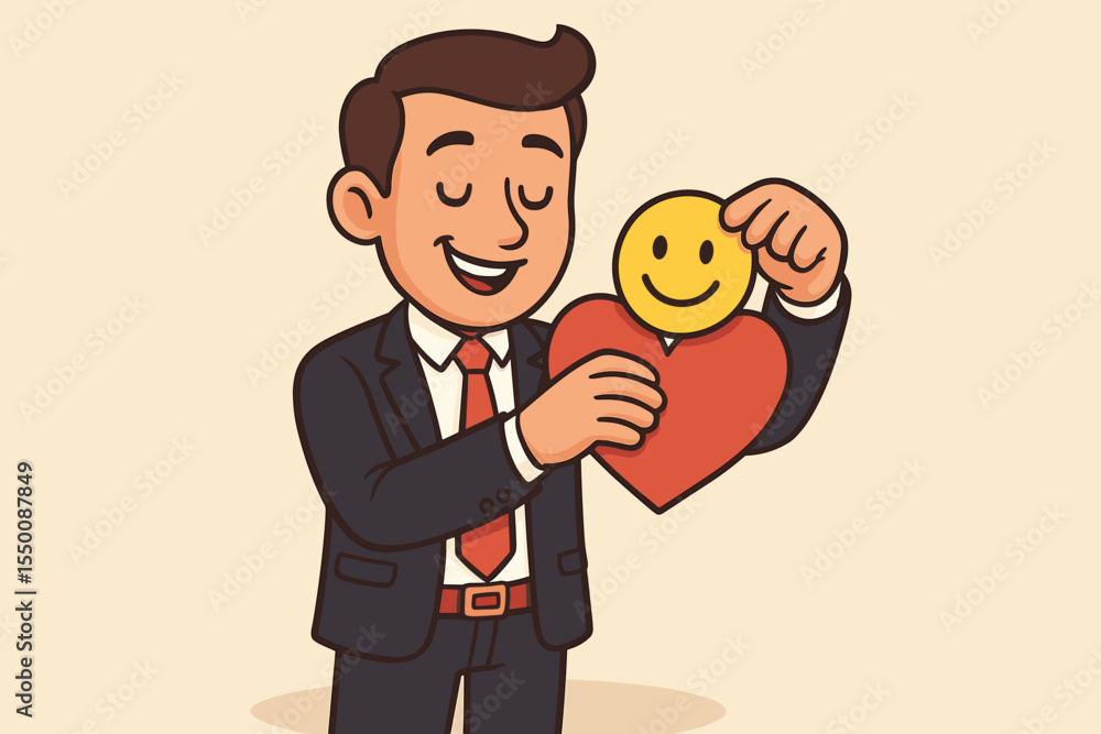 Businessman holding heart and smiley emoticon, promoting positive thinking, emotional intelligence, mental health awareness, workplace happiness, corporate wellness, cartoon vector illustration Businessman holding heart and smiley emoticon, promoting positive thinking, emotional intelligence, mental health awareness, workplace happiness, corporate wellness, cartoon vector illustration