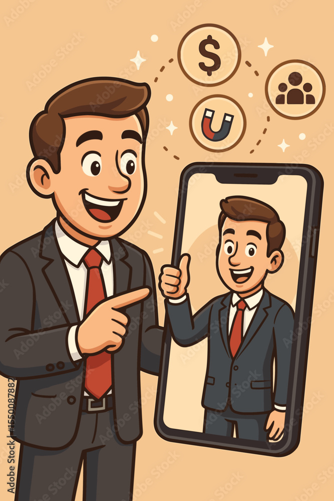 Cartoon businessman using smartphone for referral marketing and affiliate program. Earn rewards, attract customers, digital promotion, business network, social media, referral strategy concept Cartoon businessman using smartphone for referral marketing and affiliate program. Earn rewards, attract customers, digital promotion, business network, social media, referral strategy concept
