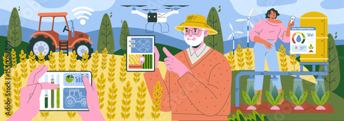 Smart Agriculture Technology in Action Vector Illustration