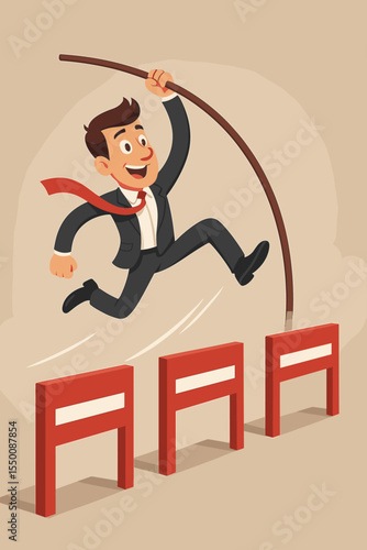 Businessman pole vaulting over red barriers, overcoming obstacles, success concept, leadership, ambition, achievement, problem solving, motivation, determination, vector cartoon illustration