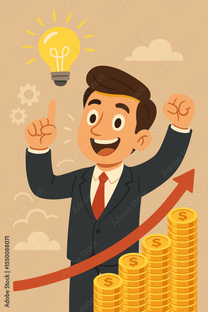 Successful businessman celebrates innovation and profit growth, creative idea lightbulb inspiration, upward arrow, stacks of gold coins, financial achievement, motivation, cartoon vector Successful businessman celebrates innovation and profit growth, creative idea lightbulb inspiration, upward arrow, stacks of gold coins, financial achievement, motivation, cartoon vector