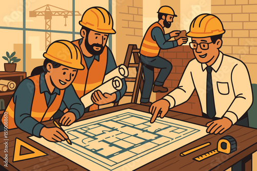 Construction engineers and architects collaborating on blueprint planning, teamwork at modern building site, safety vests, hard hats, project management, architectural design, vector illustration