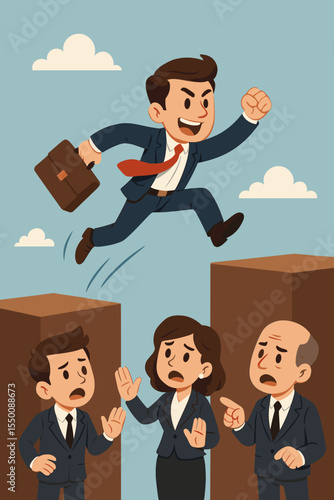 Ambitious businessman jumping across gap overcoming obstacles while colleagues discourage challenge, concept success courage risk leadership teamwork progress business metaphor, vector illustration
