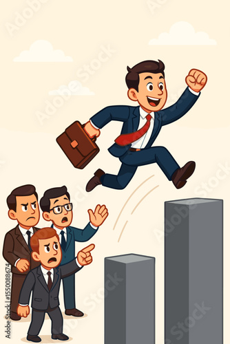 Ambitious businessman jumping over obstacles to success, surpassing competition, overcoming negativity, leadership, motivation, growth, cartoon vector, career progress, business achievement