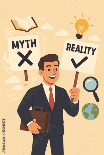 Businessman Holding Signs Separating Myth from Reality. Concept of Decision Making, Critical Thinking, Fact Checking, Education, Truth Versus Fiction. Vector Illustration with Icons
