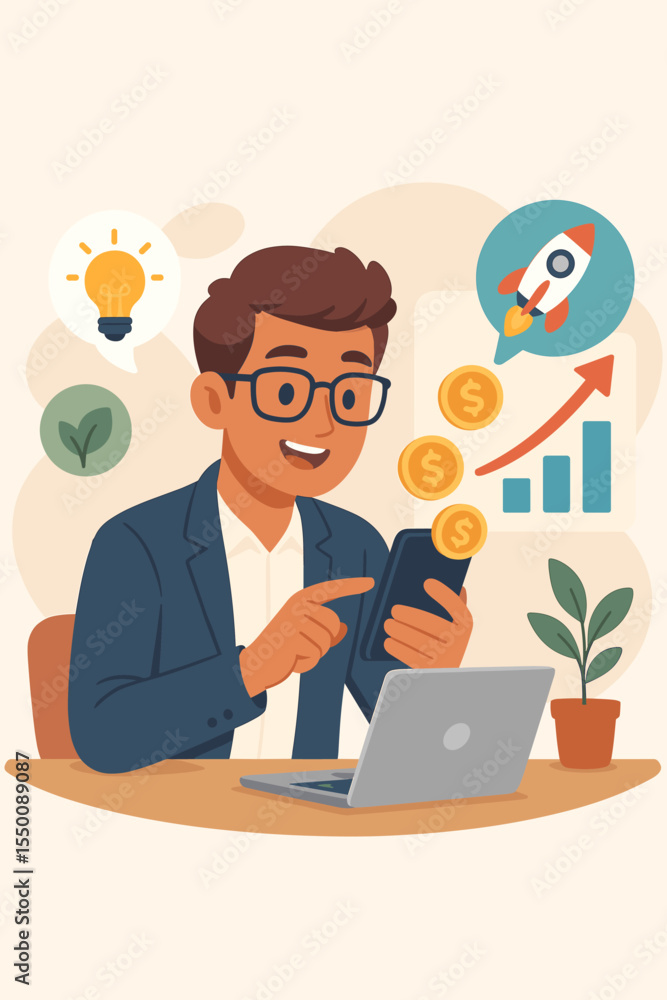 Entrepreneur working on smartphone and laptop generating online income, business innovation, financial growth, digital marketing, startup launch, investment concept, vector illustration Entrepreneur working on smartphone and laptop generating online income, business innovation, financial growth, digital marketing, startup launch, investment concept, vector illustration