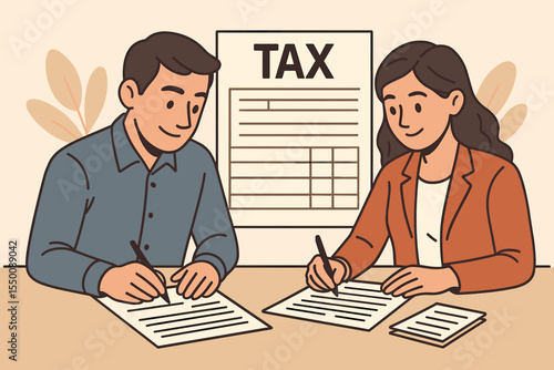 Business employees completing tax documents. Man and woman filling out income forms at desk. Financial management, taxation, compliance, paperwork process. Vector cartoon illustration, office concept