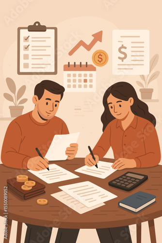 Financial planning teamwork concept. Man and woman filling out documents. Budgeting, tax filing, financial responsibility, paperwork, accounting, auditing, office workspace. Vector illustration.