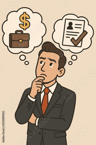 Businessman considering lucrative job offer, business opportunity, career decision. Professional man in suit thinking about resume, money, promotion. Vector cartoon illustration, corporate choice