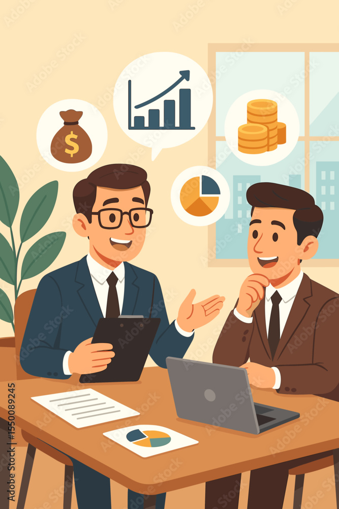 Business consultation on investment strategy, wealth management, financial planning, profit growth, advisory meeting, data analysis, money saving, corporate office. Vector illustration Business consultation on investment strategy, wealth management, financial planning, profit growth, advisory meeting, data analysis, money saving, corporate office. Vector illustration