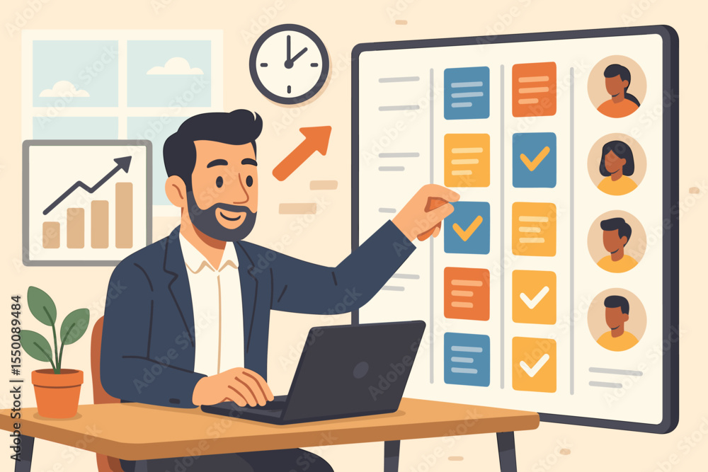 Fototapeta premium Businessman Analyzing Employee Performance with Project Tracking Dashboard in Office, Workflow Management, Productivity Metrics, Team Evaluation, Data Analysis, Corporate Meeting, Vector Illustration