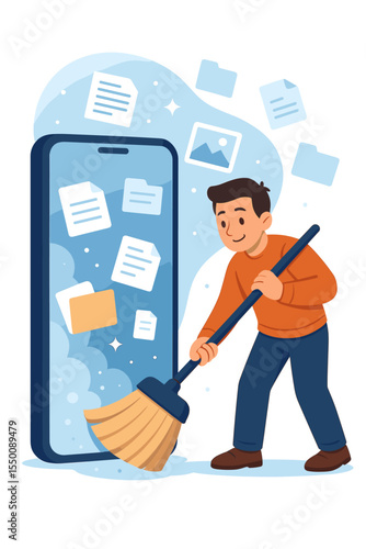 Digital device cleanup concept. Cartoon man using broom to clean smartphone, deleting files, folders, documents, photos. Data management, phone storage optimization, digital declutter illustration
