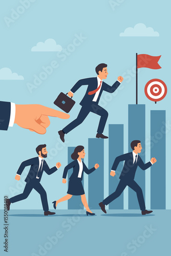 Business Leadership Mentorship Motivation. Team Building Success. Giant Hand Pushing Businessman Forward. Achieving Corporate Goals. Employee Guidance. Career Growth. Vector Illustration Concept