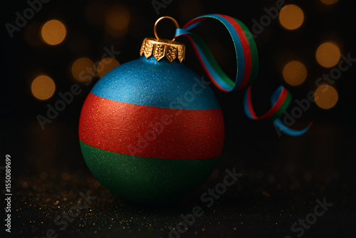 Christmas bauble in Azerbaijan flag colors with golden glitter and matching ribbon on dark background. Festive, patriotic holiday decoration concept