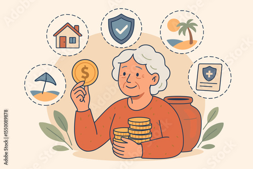 Elderly Woman Retirement Savings Financial Planning Vector. Senior Holding Coin Stack. Pension Fund Investment, Insurance, Home, Vacation, Security Concepts. Budget Management Cartoon Illustration