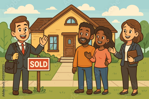 Real estate agent celebrating house sale with diverse happy clients, new homeowners, sold sign, suburban family home exterior, property purchase, realty deal, vector cartoon illustration