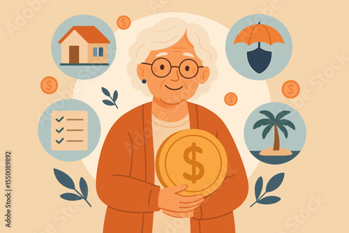 Senior woman holding gold coin symbolizing retirement savings, financial planning, insurance protection, home ownership, vacation, checklist goals, investment and money management concept vector